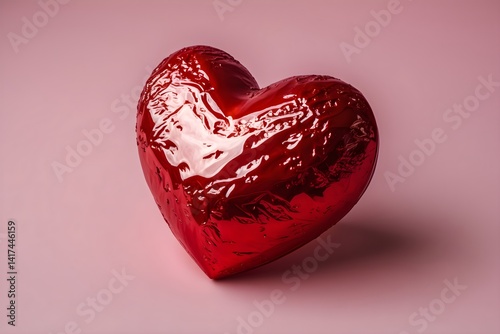 Shiny red heart-shaped object on a soft pink background photo
