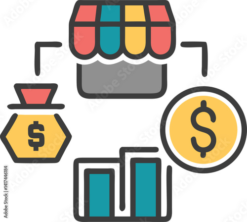 Market Icon, Money Bag, Dollar Coin, Bar Chart on Transparent Background