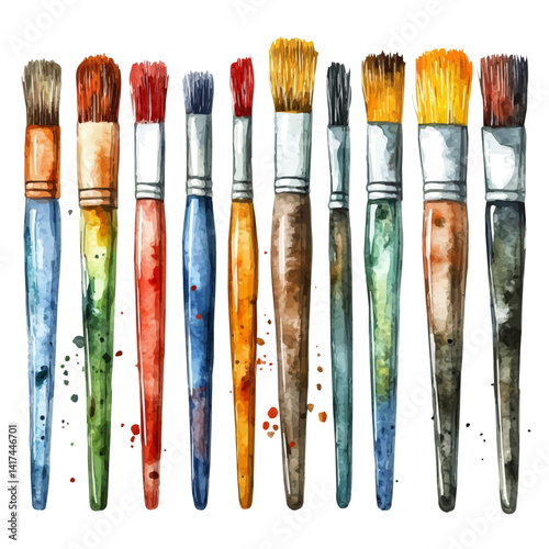 Set Of Acrylic Paintbrushes With Textured Handles, watercolor illustration, isolated on a white background.