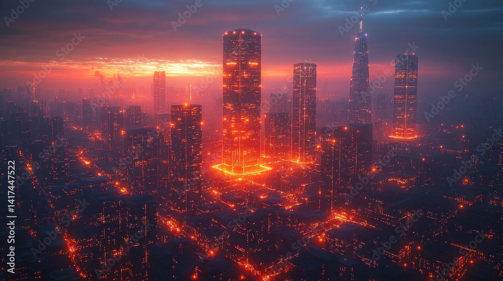 Fototapeta premium Burning futuristic cityscape at dawn