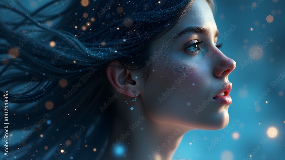 Profile Portrait of a Beautiful Woman with Sparkling Hair and Celestial Glow on a Night Sky Background Profile Portrait of a Beautiful Woman with Sparkling Hair and Celestial Glow on a Night Sky Background