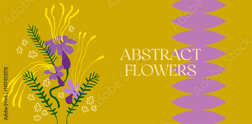 Editable poster of primitive, whimsical plants in folk style. Abstract flowers and leaves in bright, saturated colors for branding, printing, advertising. Digital illustration in modern flat style