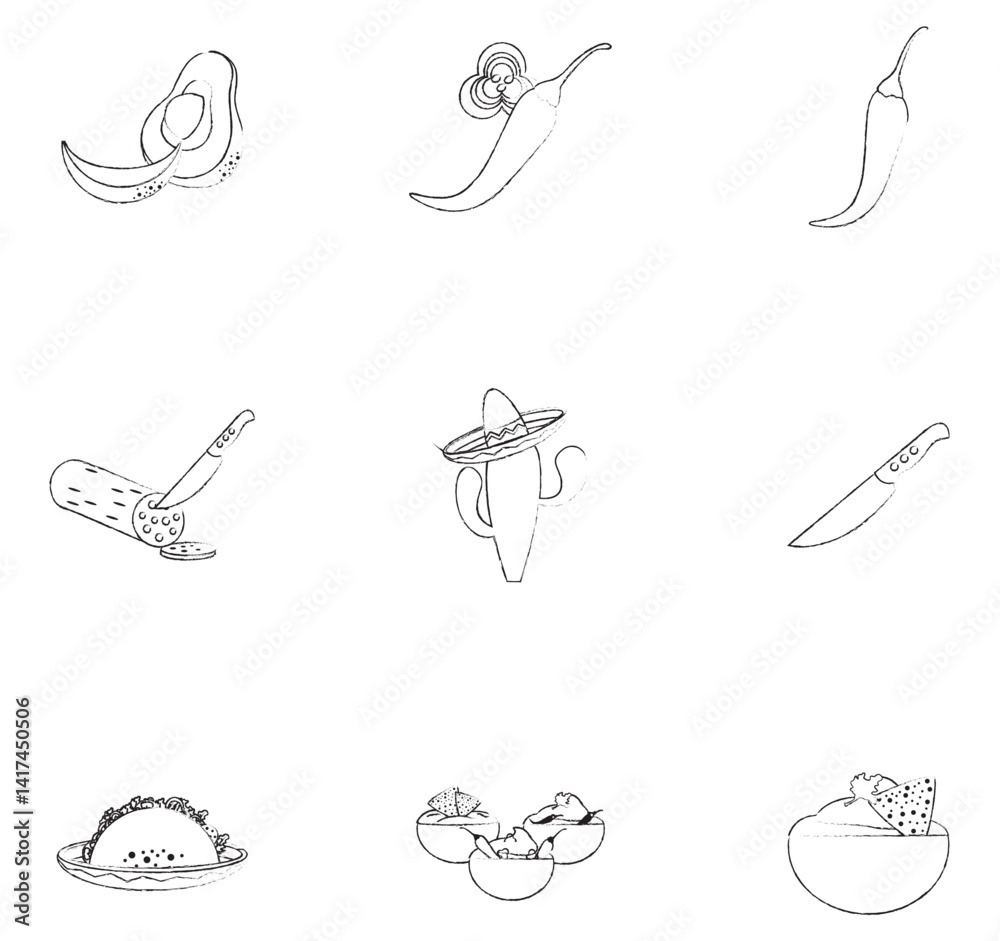 Obraz premium A collection of nine black and white sketch illustrations depicting various Mexican food elements, including avocados, chili peppers, a cactus with a sombrero, a knife, a taco, and a bowl of guacamole