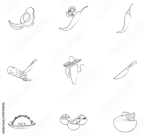 A collection of nine black and white sketch illustrations depicting various Mexican food elements, including avocados, chili peppers, a cactus with a sombrero, a knife, a taco, and a bowl of guacamole
