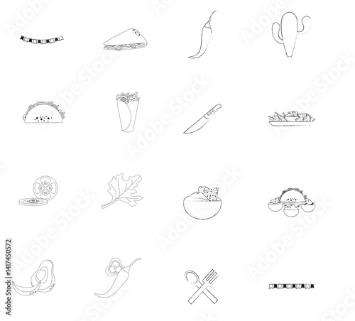 A collection of sixteen black and white sketch illustrations depicting various Mexican food items and ingredients, including quesadillas, tacos, burritos, guacamole, chili peppers, a cactus