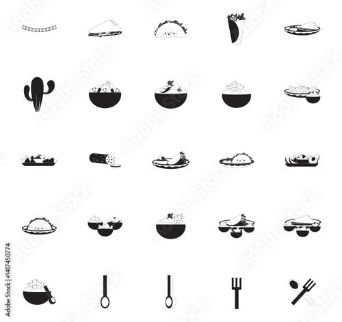 A collection of black and white food icons in vector format, depicting various elements associated with Mexican cuisine, including tacos, burritos, quesadillas