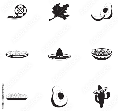 A collection of nine black and white food icons in silhouette style, representing various elements of Mexican cuisine including sliced tomatoes