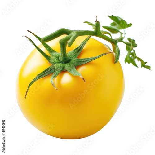 Fresh yellow tomato with stem and leaves. Close up of a ripe, vibrant tomato, isolated on white. Healthy eating concept.