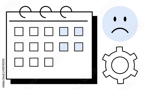 Calendar with circled dates, sad face, and gear icon visualizing workflow, missed deadlines, or scheduling problems. Ideal for time management, deadlines, productivity, strategy workflow planning