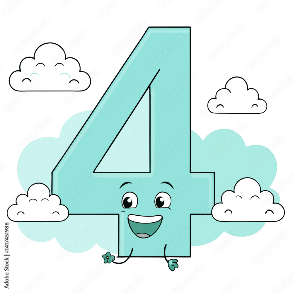 Cheerful cartoon number four with a smiling face and clouds, playful graphic design
