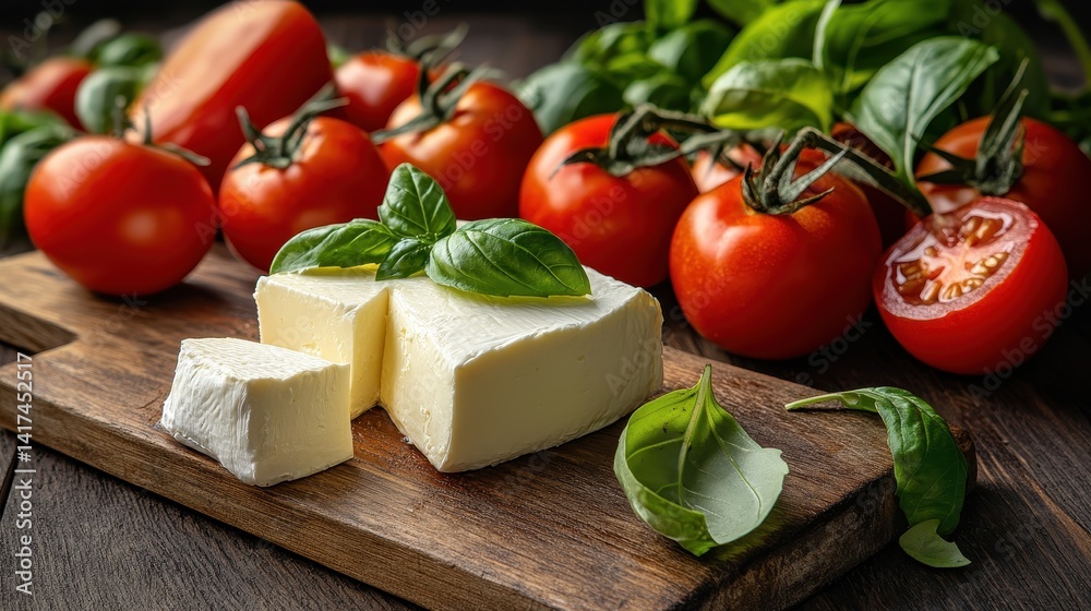 Fresh Cheese with Basil and Ripe Tomatoes on Rustic Wooden Board for Culinary Inspiration and Healthy Eating Lifestyle Fresh Cheese with Basil and Ripe Tomatoes on Rustic Wooden Board for Culinary Inspiration and Healthy Eating Lifestyle