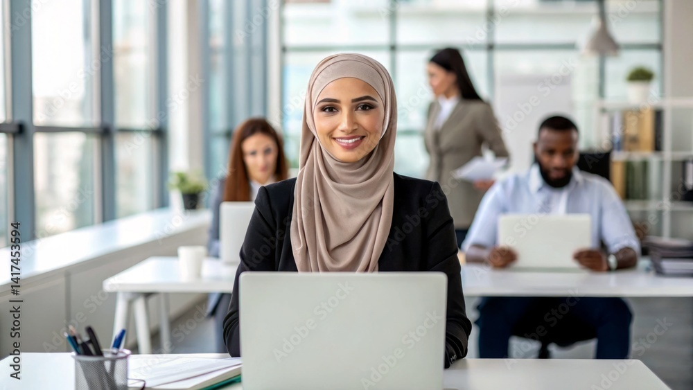 A confident woman wearing a hijab is seated at a desk with a laptop, collaborating in a lively office alongside colleagues. Bright natural light illuminates the space