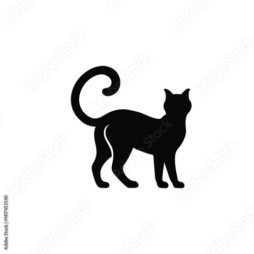 Black Cat Silhouette with Curled Tail in Minimal Art Style.