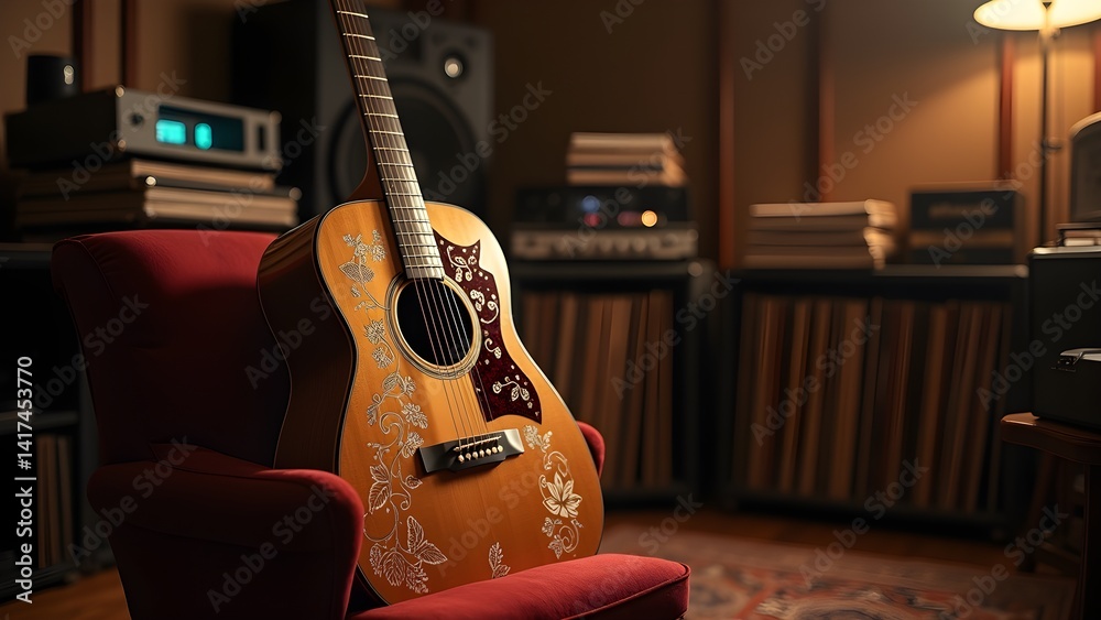 Fototapeta premium Acoustic Guitar Resting on a Red Chair in a Studio Surrounded by Music Equipment and Records