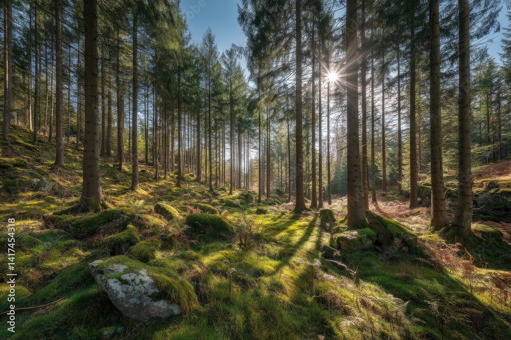 Fototapeta premium Sunlight streams through forest canopy