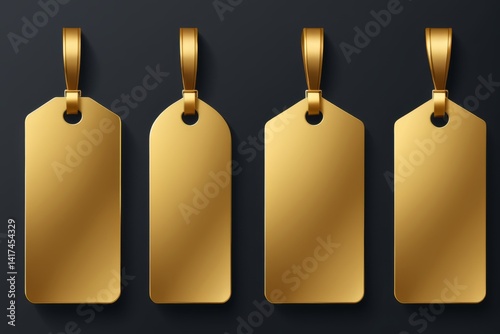 three blank gold tags hanging from a chain on a black background