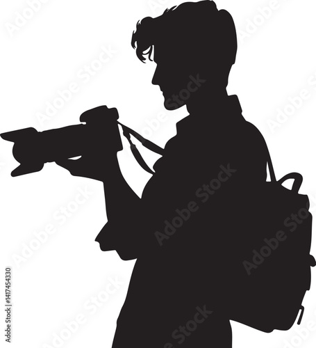 Silhouette of a photographer holding a camera with a backpack against a white background artful image