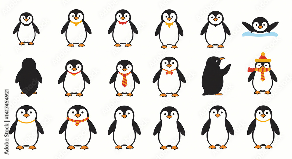 Obraz premium Penguin Cartoon Characters with Accessories Collection