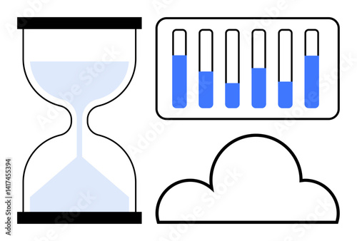 Hourglass with sand, horizontal bar graph with blue progress indicators, and simple cloud design. Ideal for time management, data analysis, progress tracking, cloud storage, scheduling, workflow