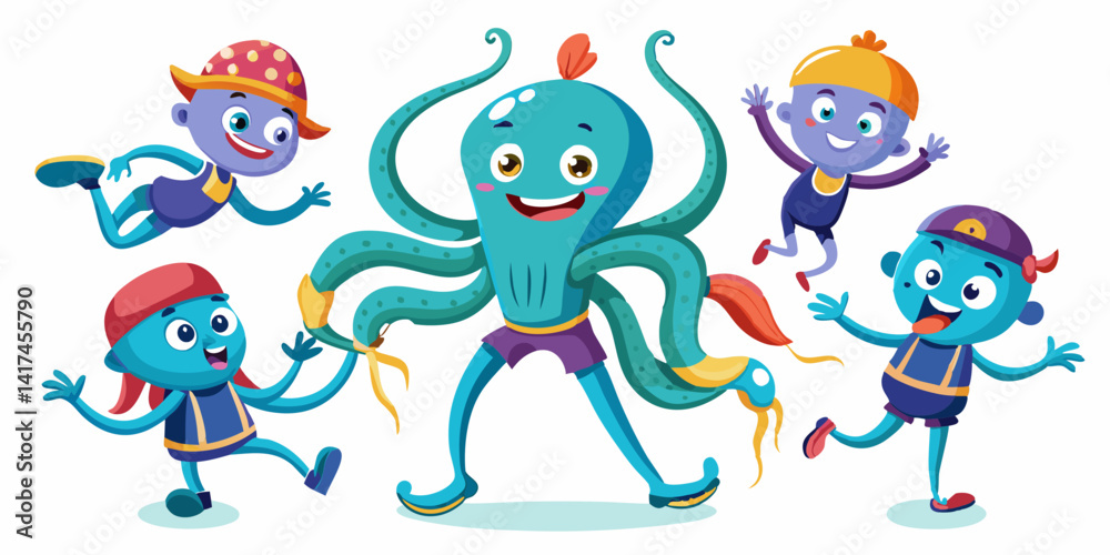 Fototapeta premium Cute cartoon octopus collection showing different emotions and actions