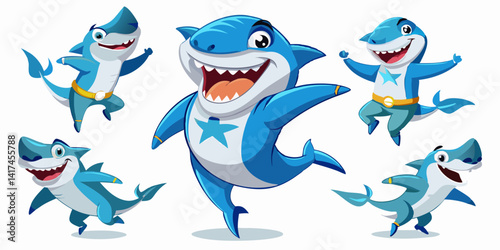 Funny cartoon shark character set in various poses