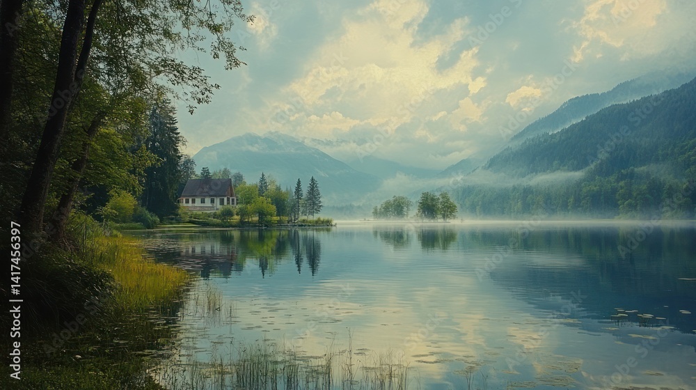 Fototapeta premium Misty mountain lake house sunrise reflection