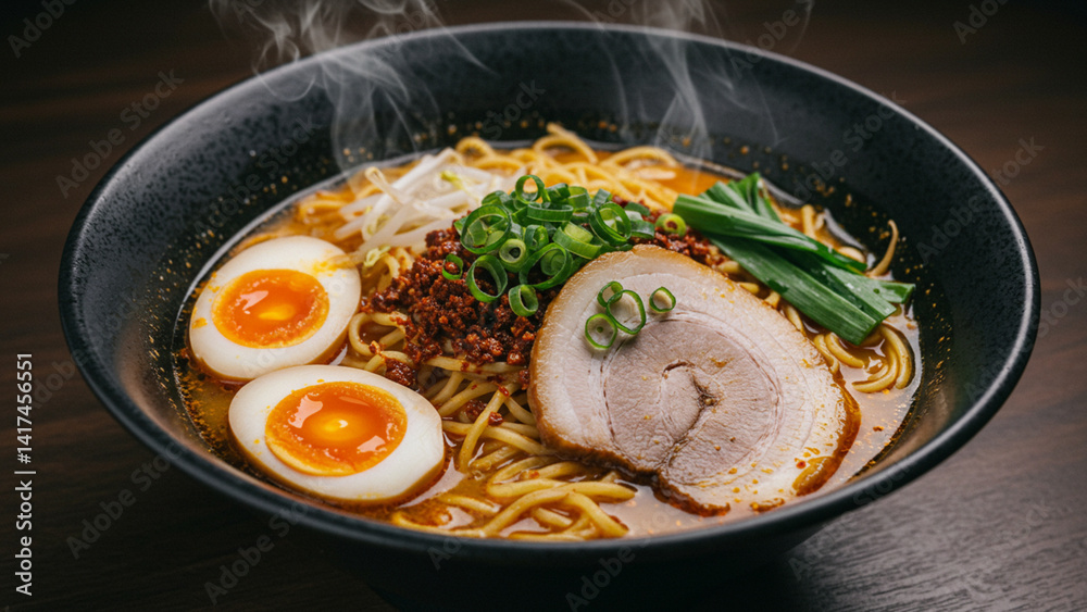 Spicy Ramen Bowl with Soft-Boiled Egg and Broth Steam
