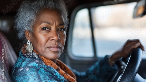 Senior woman driving, city street, determined gaze, portrait