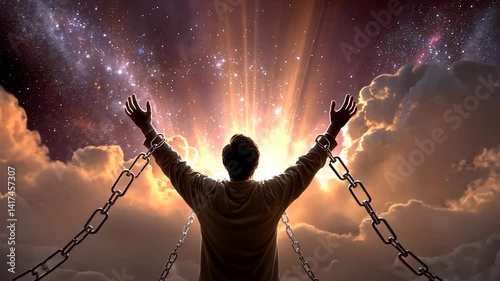 Freed man under sky, chains broken, arms raised in hope and liberation