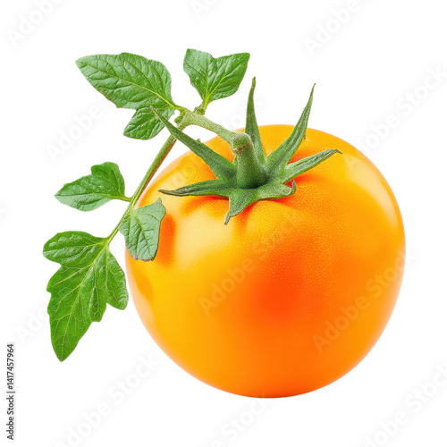 Fresh yellow tomato with green leaves isolated on white background. Healthy food concept.