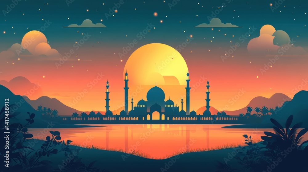 Obraz premium Mosque sunset lake landscape night illustration