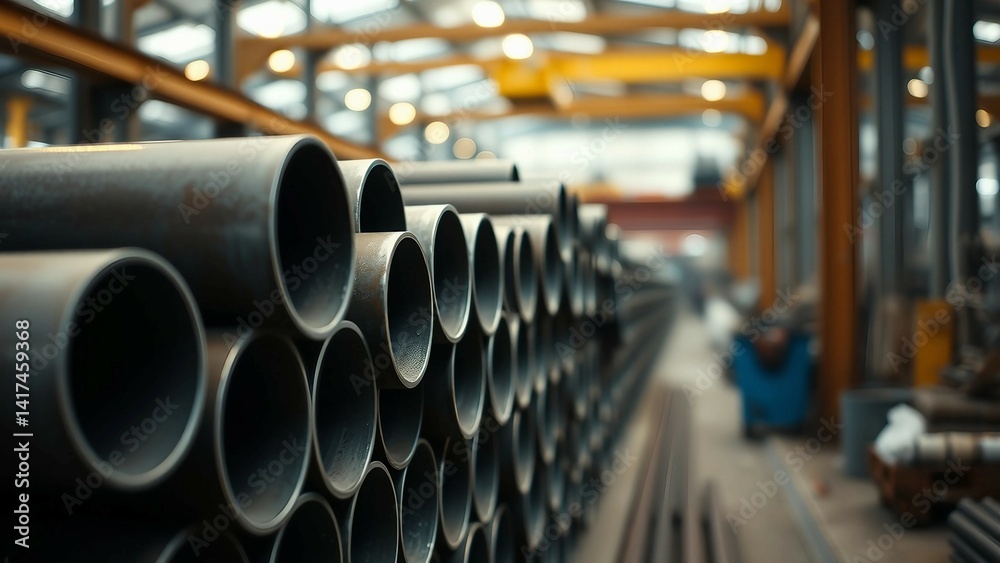 A stack of steel pipes in a warehouse or factory with a blurry background