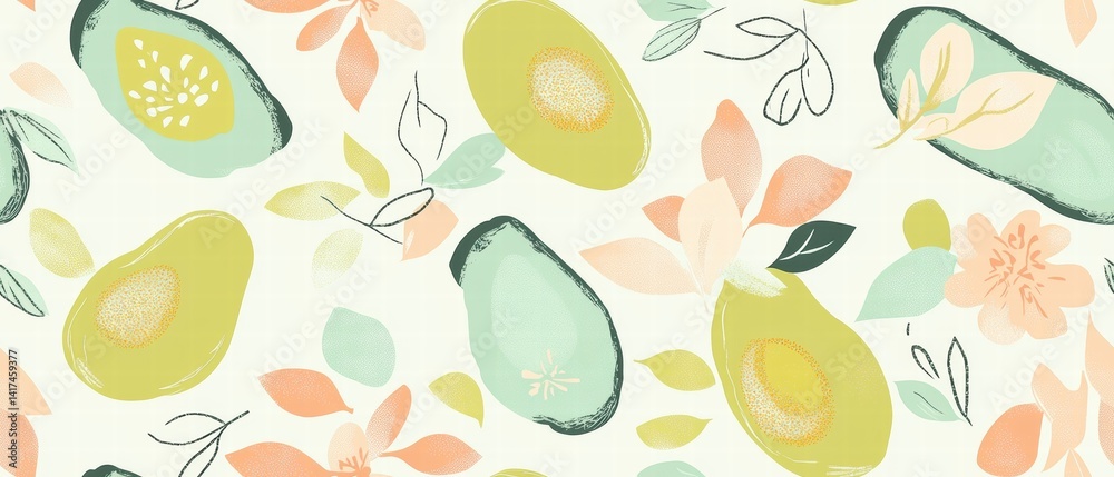 A captivating pattern featuring a combination of fruits and leaves for a fresh aesthetic look A captivating pattern featuring a combination of fruits and leaves for a fresh aesthetic look
