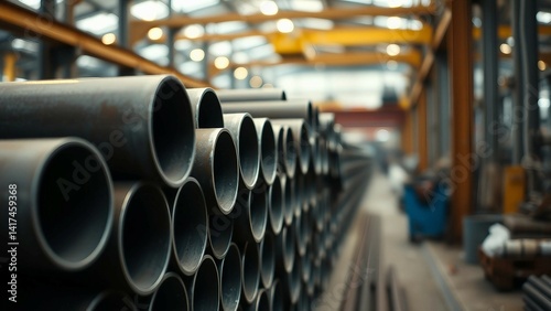 Obraz na płótnie A stack of steel pipes in a warehouse or factory with a blurry background w salonie