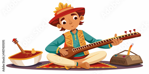 Indian musician playing sitar, young adult, slim build, in musical pose, enjoying music performance.

