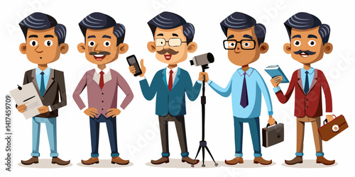 Indian Journalist Characters: Middle-aged, average build, in reporting poses like interviewing, taking notes, and presenting news
