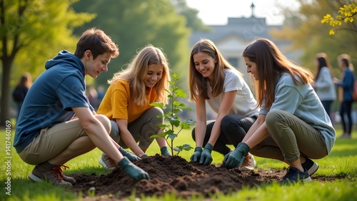 Teen Volunteers Planting a Tree for Sustainability, Conservation, and Reforestation Efforts on Earth Day