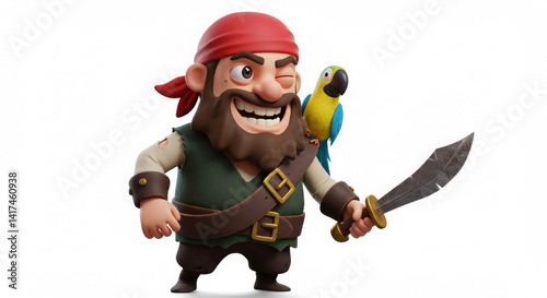 Winking Cartoon Pirate with a Parrot on His Shoulder and a Sword