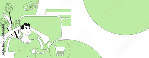 Holiday shopping people doing e-commerce online shopping flat vector concept operation hand drawn illustration
