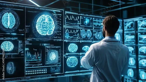 Medical professional analyzing brain scans on a high-tech diagnostic interface screen