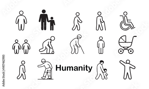 Humanity Concept Vector Icons Set,Diverse Humanity Symbol Set Illustration,Inclusive Icons for Human Diversity,Humanity Embracing Equality Icon Collection. Vector