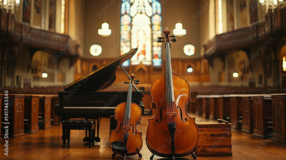 Fototapeta premium Instruments in a Church: Violin, Cello, and Grand Piano Setup
