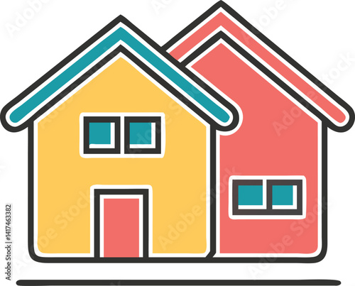Overlapping Houses Icon in Yellow and Red with Teal Accents on White Background