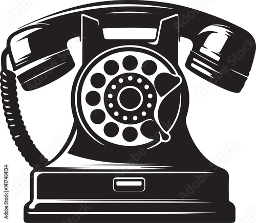 A black and white illustration of a rotary telephone with a coiled cord and number dial design