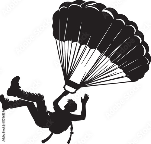 Silhouette of a skydiver with parachute in black and white against a plain white background view