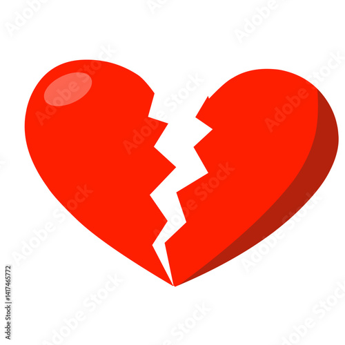 A stark red heart, sharply cracked in two, symbolizing heartbreak and emotional pain