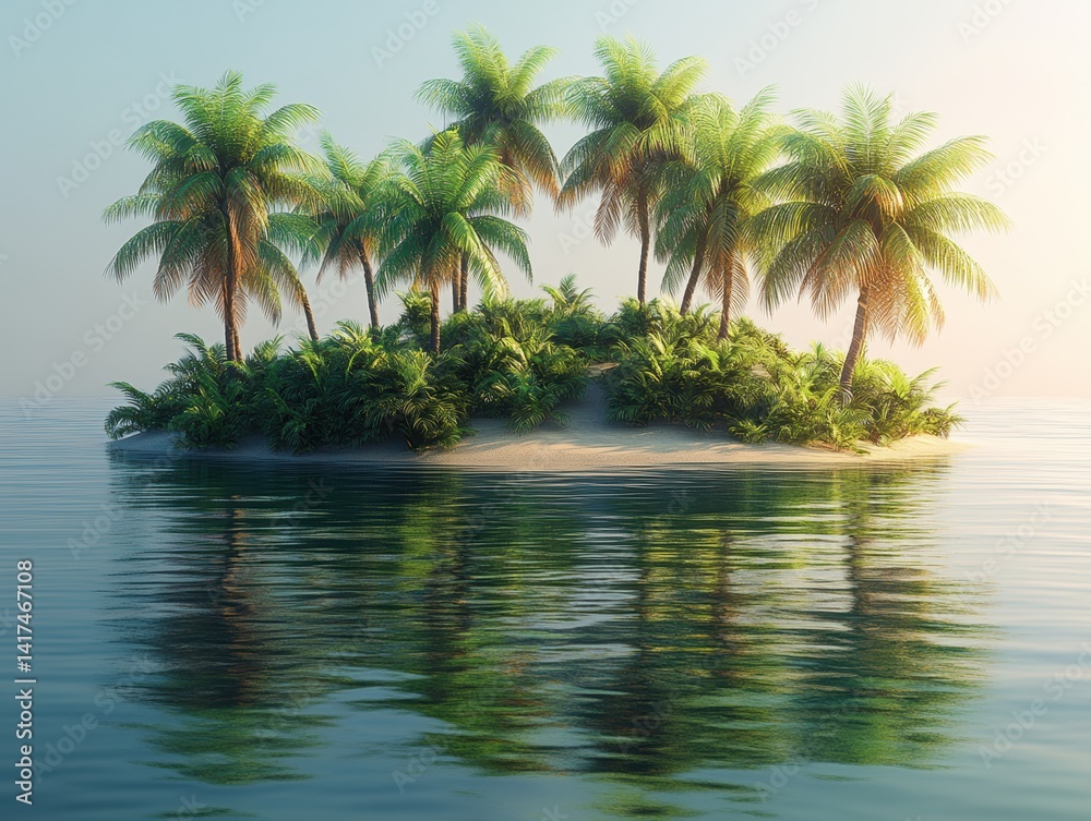 Fototapeta premium Serene tropical island with palm trees reflecting in calm waters at sunset