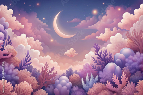 Soft coral to dusky lavender with crescent and cloud blobs