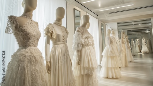 A Gallery of Timeless Romance – Vintage-inspired wedding gowns grace headless mannequins, their lace, satin, and embroidery glowing in the soft, mirror-lined showroom light.