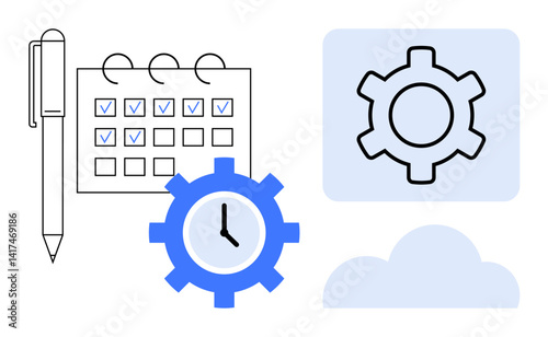 Pen with calendar marked by checks, clock gear representing scheduling, cloud for data syncing. Ideal for productivity, team planning, time tracking, workflow management, task delegation, automation